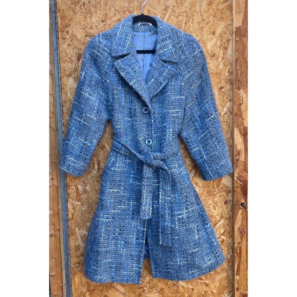 Arsenio Torino Overcoat Women IT 42 Blue Bouclé Tweed Belted Made in Italy